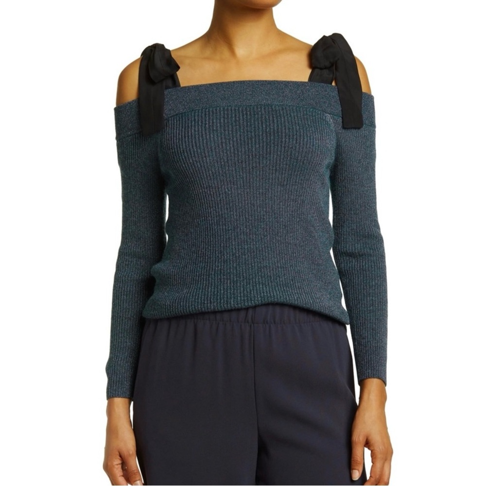 REBECCA TAYLOR GREEN LUREX COLD-SHOULDER KNIT TOP